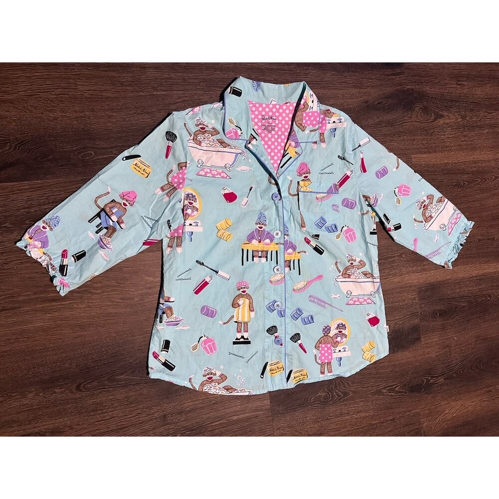 Nick & Nora Pajama Shirt Womens Medium Blue Sock Monkey Top Button Up Lounge 2XL